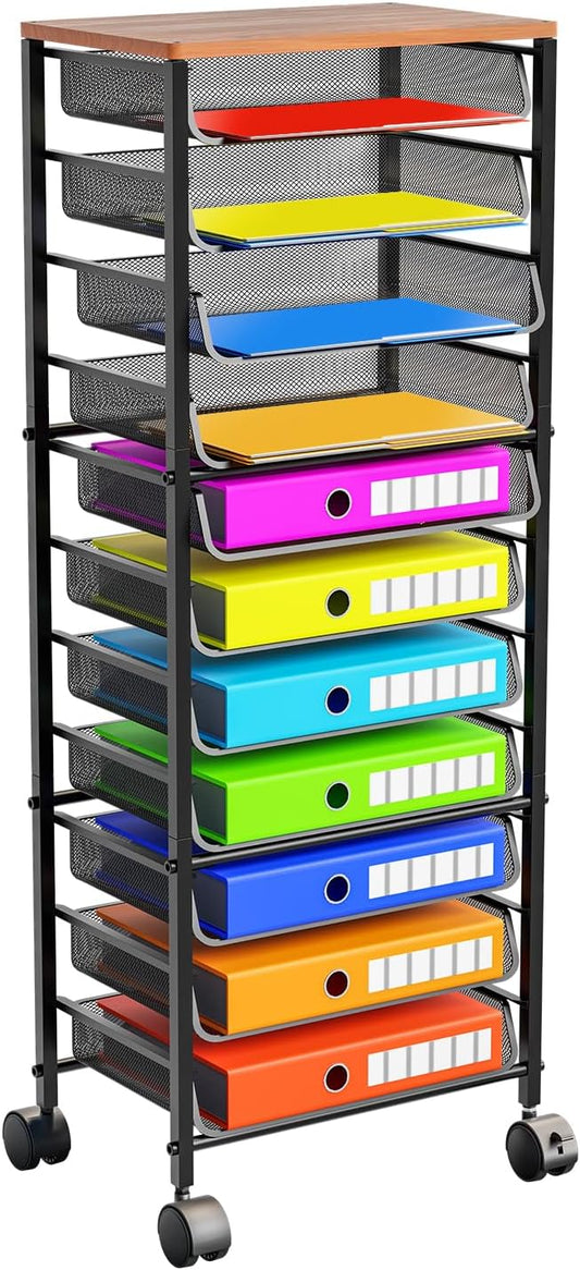Simple Trending 12-Tier Rolling File Cart, Desk File Organizer with 11 Mesh Sliding Trays, Letter & Legal Paper Storage Rolling Utility Cart for Office Home School, Black