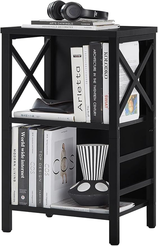 MNEETRUNG Small Bookshelf,3 Tier Industrial Bookcase with Metal Frame and Backboard,Low Black Book Shelf,Book case for Small Spaces,Living Room,Bedroom and Home Office