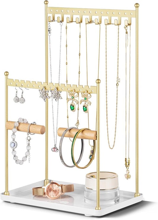 3 Tier Gold Jewelry Stand, Necklace Organizer, Earring Holder with 44 Holes and 9 Hooks, for Necklaces, Bracelets, Rings