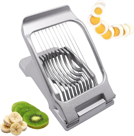 Egg Slicer for Hard Boiled Eggs, Food Slicer with 10 Stainless Steel Wires, Aluminum Alloy Heavy Duty Hard Boiled Egg Cutter for Soft Fruit Strawberry Butter Kiwi Home Use (1Pcs, Silver)