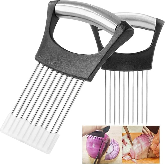 【2 PCS】Easy Onion Holder for Slicing Onion Slicer Holder Large Onions Cutter Vegetable Chopper Kitchen Neat Slicing for Avocado Egg Meat Tenderizer Sharp Prong Tomato Slicer Lemon Holder Food Slicers