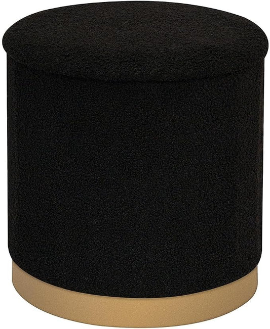 B FSOBEIIALEO Ottoman with Stroage, Round Boucle Storage Ottoman with Gold Plating Base,Foot Rest Stool for Dorm Room, Living Room Black, 14.76"x14.76"x16.34"