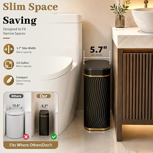steo spce Automatic Motion Sensor Bathroom Small Trash Can with Lid, 2.6 Gallon Black Touchless Slim Garbage Can, Smart Waterproof Trash Bin for Bedroom, Restroom, Living Room, Office