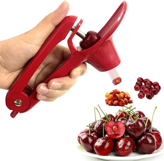 Cherry Pitter Tool, Heavy-Duty Stainless Steel Pitting Tool, Portable Cherries Corer Stoner Seed Tool with Lock Design, Fruit Pit Remover for Cherry Jam (Red)