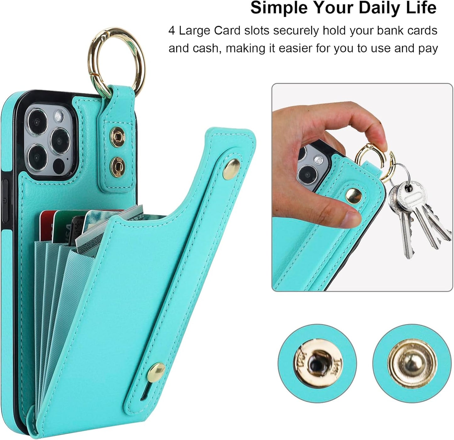 Folosu for iPhone 12/12 Pro Wallet Case with Card Holder, Hand Wrist Strap Loop Holder Kickstand, RFID Blocking Finger Grip Ring PU Leather Double Buttons Shockproof Cover 6.1" Green"