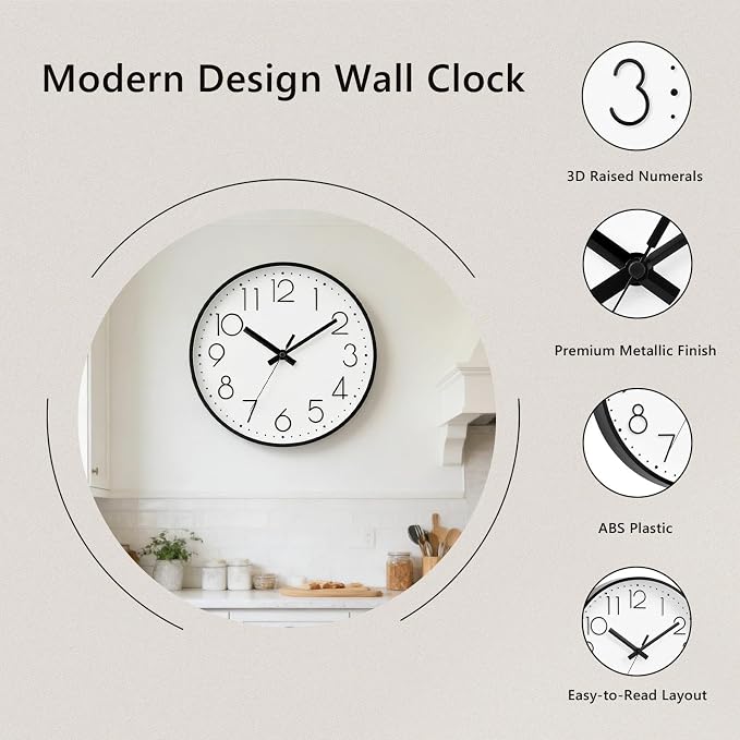 DAXSMY Wall Clock - 12 Inch Silent Non-Ticking Modern 3D Wall Clocks Battery Operated - Decorative Clock for Kitchen, Home Office, Bathroom, Bedroom, Living Room(White)