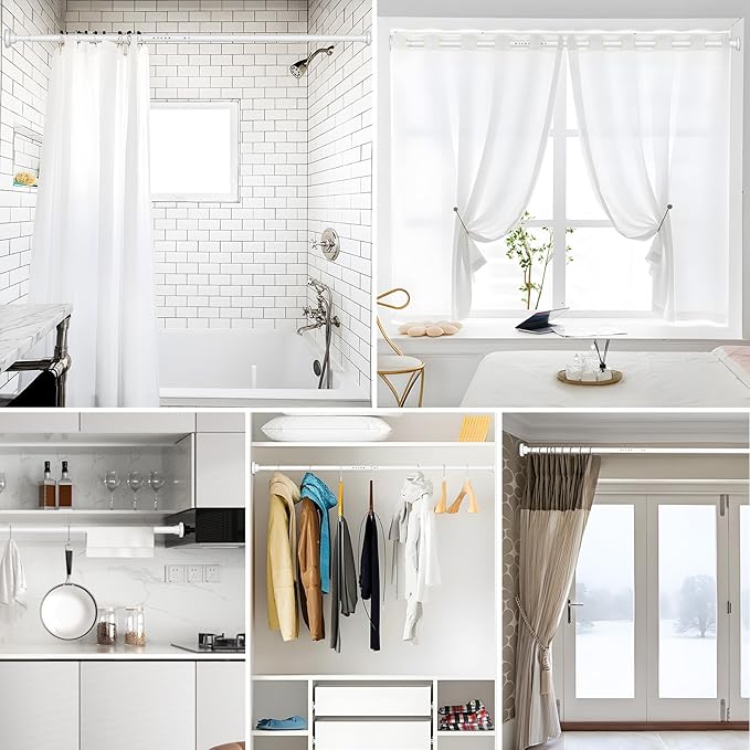MEXAU White Tension Curtain Rod 40-183 Inch Long Tension Rod 1.26" Spring Tension Curtain Rod Adjustable Curtain Rods No Drilling Tension Shower Rod Curtain Tension Rod for Bathroom Windows Doorways