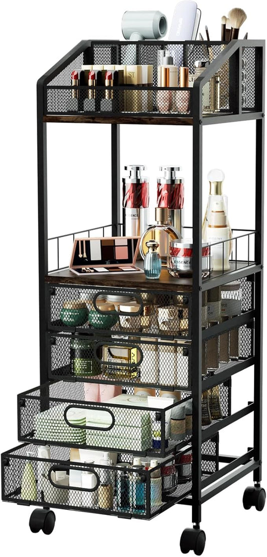 HapiRm Makeup Organizer Storage Cart - Floor Skincare Make Up Storage with 4 Drawers, Rolling Makeup Cart Vanity Organizer Cosmetics Display Cases Holder for Skin Care Perfume Nail Polish
