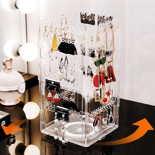 360° Rotating Jewelry Organizer Stand with 5 Layers,Acrylic Earring Holder Organizer Stand,212 Holes and 212 Grooves for Studs,Dangly Earrings,Chains,Bracelets,Necklace