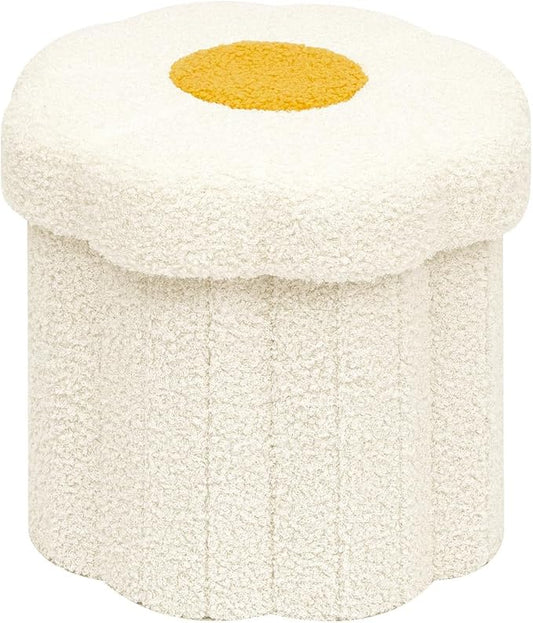 B FSOBEIIALEO Storage Ottoman Foldable, Sunflower Shaped Small Footrest Collapsible Folding Seat Bench for Bedroom Living Room Entryway, Faux Teddy Fur, White 12.6"x12.6"x11.4"