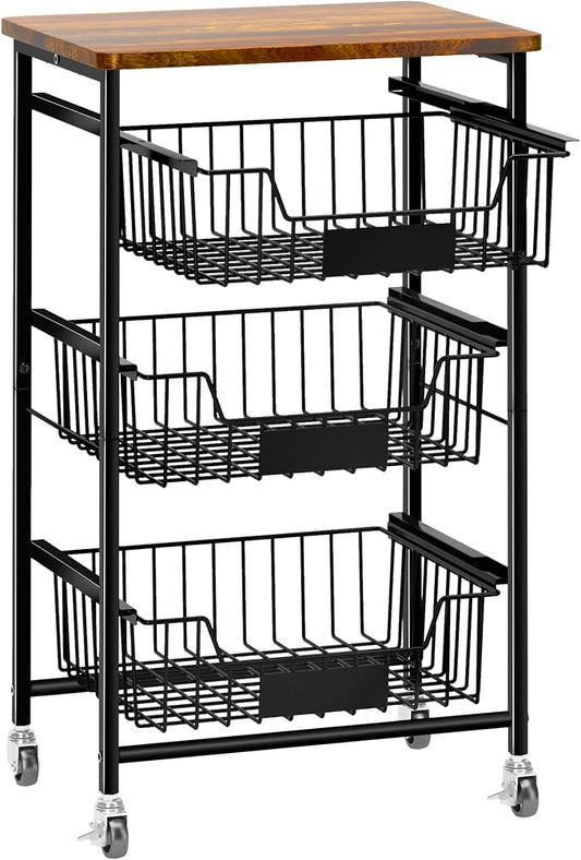 OKZEST 4-Tier Kitchen Storage Cart on Wheels – Mobile Fruit Basket Stand with Drawers & Wooden Top, Small Rolling Pantry Shelf for Potatoes, Onions, Bottled Drinks, Cans, Snacks – Includes 3 PE Liners