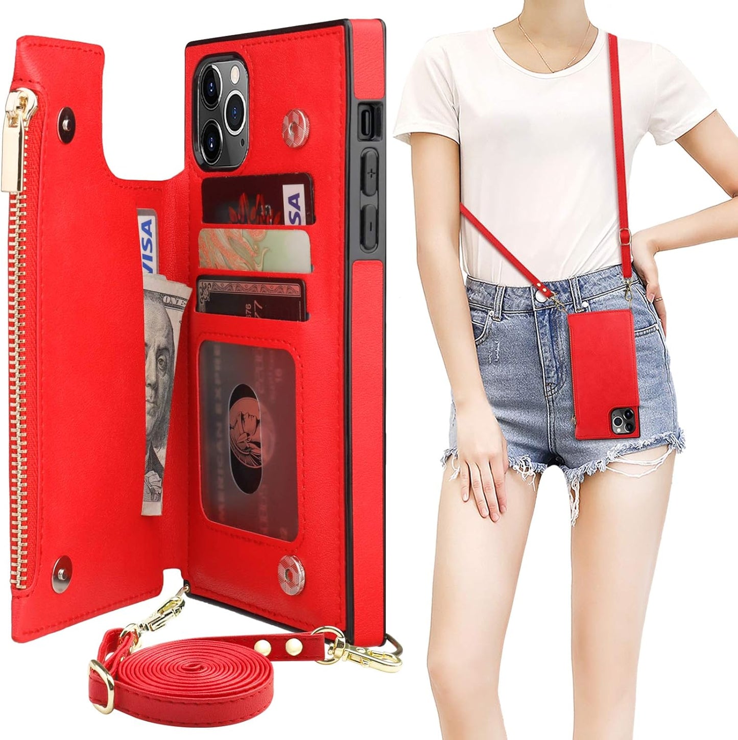 Bocasal Crossbody Wallet Case for iPhone 11 Pro Max with Card Holder,Zipper Card Slot Protector Shockproof Purse Cover with Removable Cross Body Strap 6.5 Inch(Red)