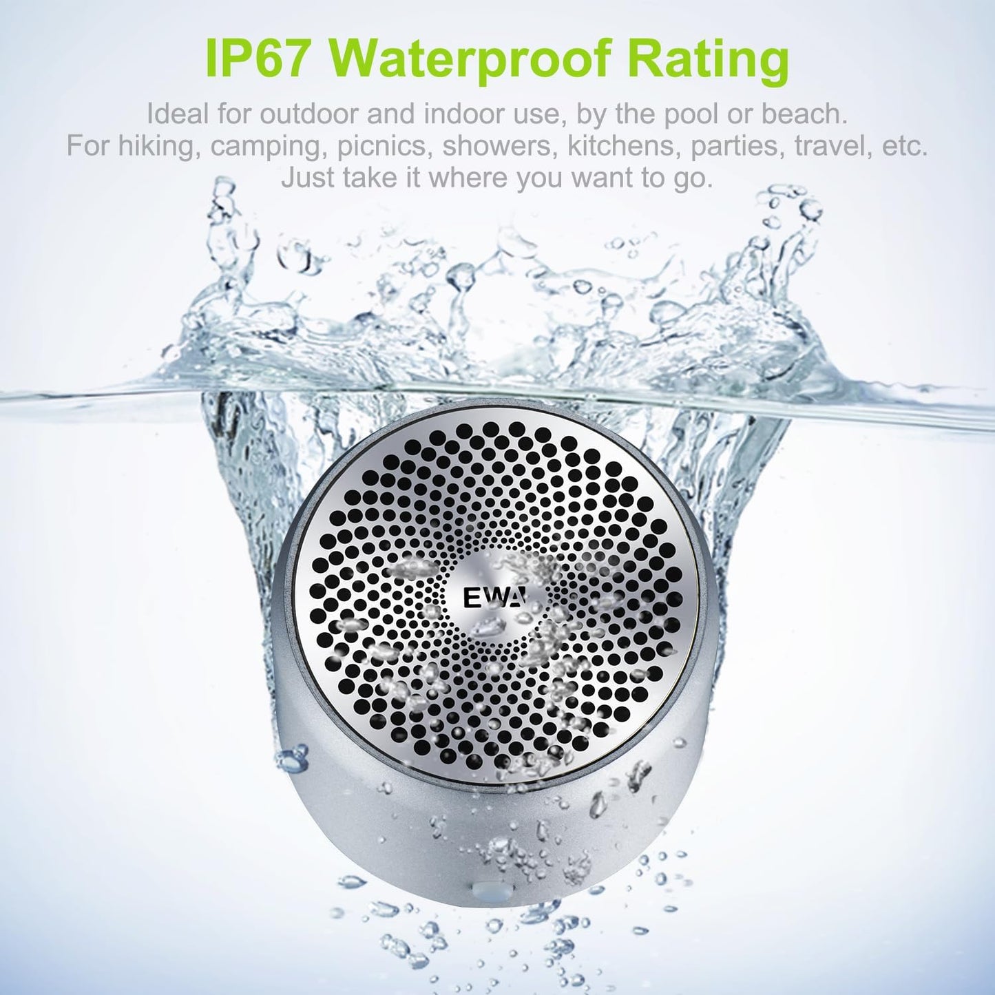 Travel Case Packed, Wireless Mini Bluetooth Speaker with Custom Bass Radiator. EWA A106, Small But Loud, The Next Generation of Portable Speakers for Home, Outdoors, Shower (Silver)1.89* 1.57 inches