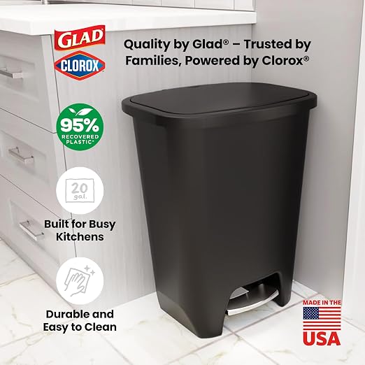 Glad Premium 20 Gallon Trash Can with Clorox Odor Protection | Plastic Kitchen Waste Bin | Hands Free with Stainless Steel Foot Pedal and Garbage Bag Rings, Black
