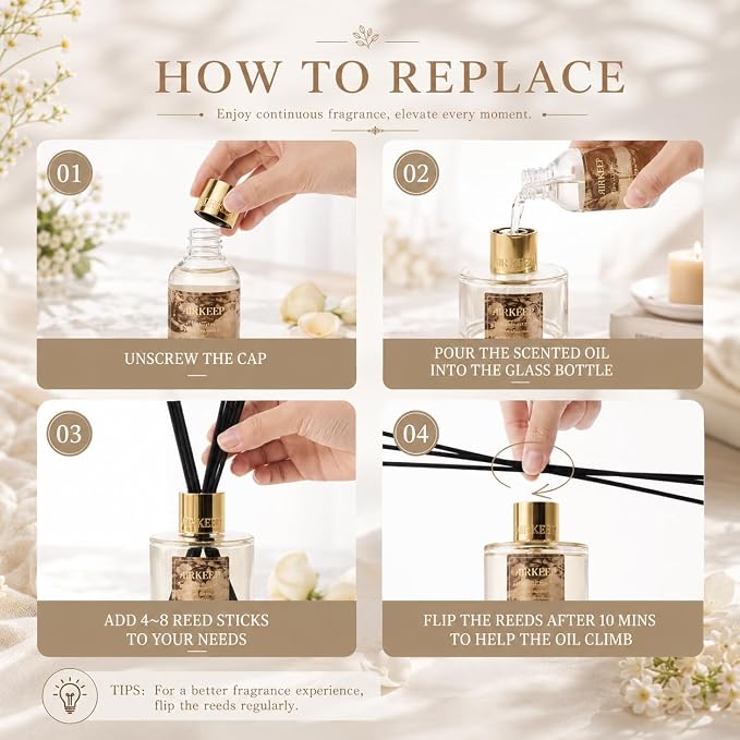 Airkeep Reed Diffuser Set with Refill & 8 Reed Sticks, 6.96 fl oz Lavender Whisper Home Fragrance, Long Lasting Aromatherapy Diffuser for Bedroom, Bathroom & Living Room
