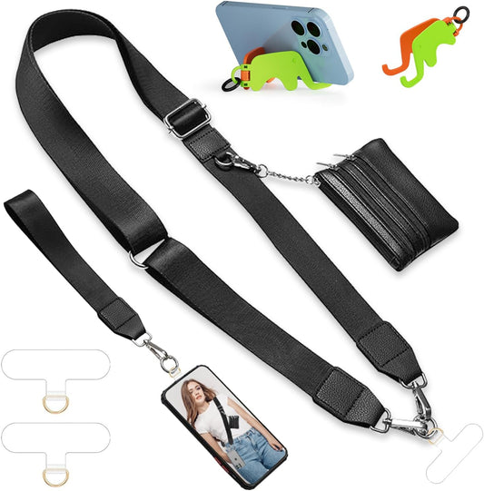 Clip and Go Strap for Phone with Wallet Crossbody Phone Strap Lanyard for Women with Pouch Cell Phone Stand Holder 2 Patches Tether Adjustable Anti Theft Cellphone Chain for iPhone All Phones Black
