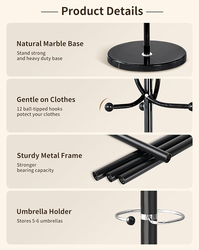 ZOZOE Metal Coat Rack Stand, Modern Coat Rack Freestanding with Natural Marble Base, Sturdy Coat Racks with 10 Hooks & Umbrella Holder,Black Coat Tree Hanger Stand for Bags,Hats,Entryway,Office