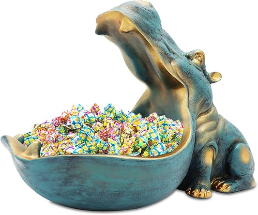 aboxoo Hippo Statue,Large Hippopotamus Figurine Home Sculpture with Resin, Hippo Candy Jar, Candy Dish Bowl for Office Desk, Key Bowl for Entryway Table,Container Storage Art Decor Box(Dark Blue)