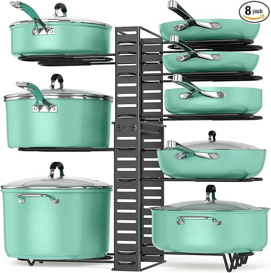 ORDORA Pots and Pans Organizer under Cabinet, 8 Tier Pot Organizers Rack Expandable 11.65" to 19.02" Height with 3 DIY Methods, Adjustable Pan Organizer inside Cabinet Kitchen Storage Organization