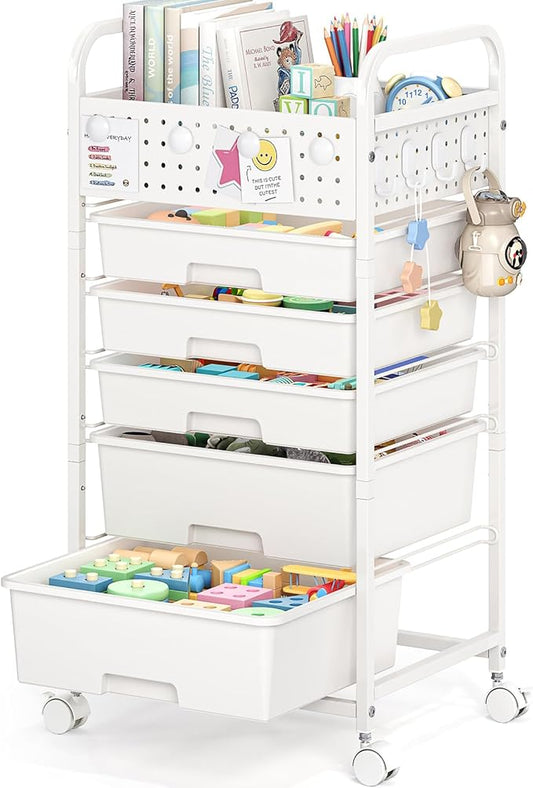 5 Drawer Rolling Storage Cart with Pegboard Top and Hooks, Mobile Utility Organizer with Wheels for Office Supplies, Craft Storage, Classroom Organization, Home Storage Cart, White