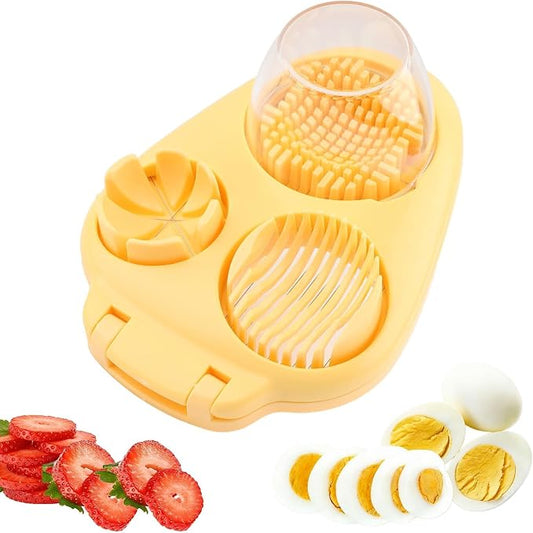 3 in 1 Boiled Egg Slicer, Manual Egg Slicer for Hard Boiled Eggs, 3 Slice Modes Chopper Cutter Stainless Steel Dicer, Kitchen Gadget for Butter Strawberry Tomato, Labor Saving (Yellow)