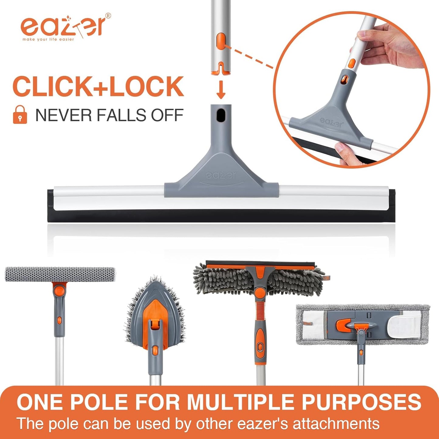 Eazer Floor Squeegee Broom: Heavy Duty Scrubber with Extendable 50.3'' Aluminum Pole and Rubber Blade for Kitchen, Swimming Pool, Concrete Floors,Shower,Tiles,Garages,Windows,Glass,Pet Hair Removal