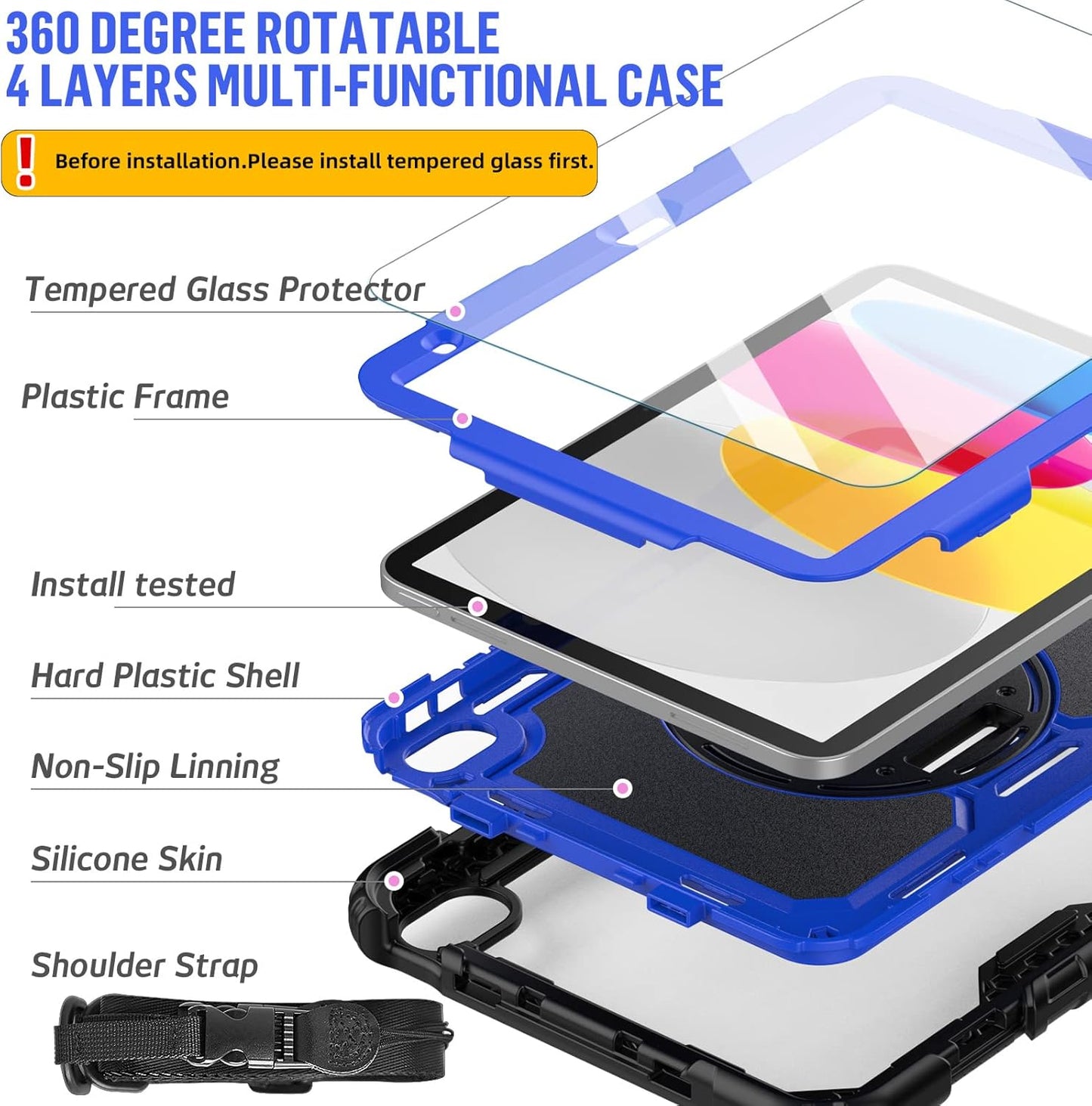 BLOSOMEET Case for iPad A16 11th/10th Generation 11''/10.9'' 2025/2022 with Tempered Glass Screen Protector & Pencil Holder, Rugged Military Grade Cover w/Stand Hand Shoulder Strap, Blue