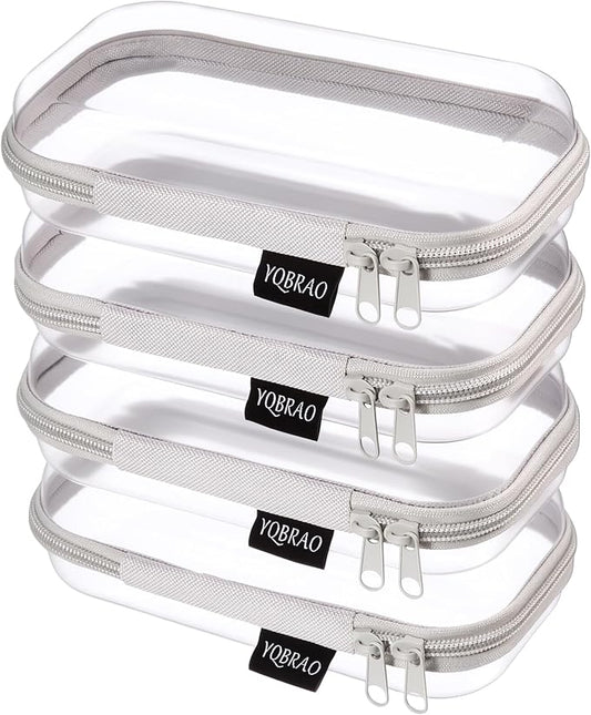 YQBRAO 4-Pack Clear Hard Shell Zipper Case, 1.2mm Ultra-Thick Diaper Bag Organizer Pouches, Rigid Self-Standing Travel Makeup Bags with YKK Zippers, TSA Approved, Gray
