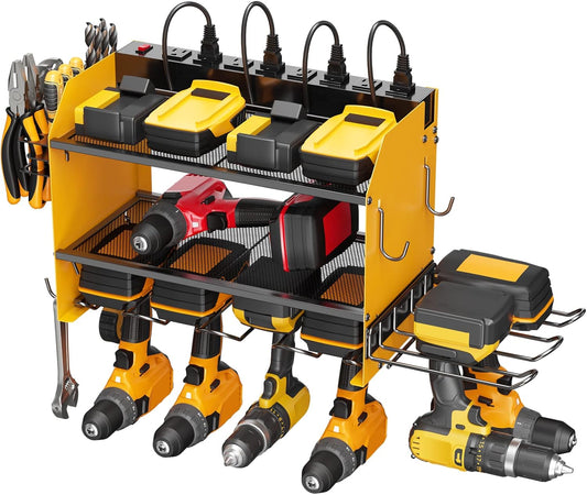 CCCEI Modular Power Tool Organizer Wall Mount Charging Station, Yellow 6 Drills Holder with 8 Plug Power Strip 10FT, Garage Drill Battery Heavy Duty Metal Shelf, Utility Rack with Hooks, Side Storage.