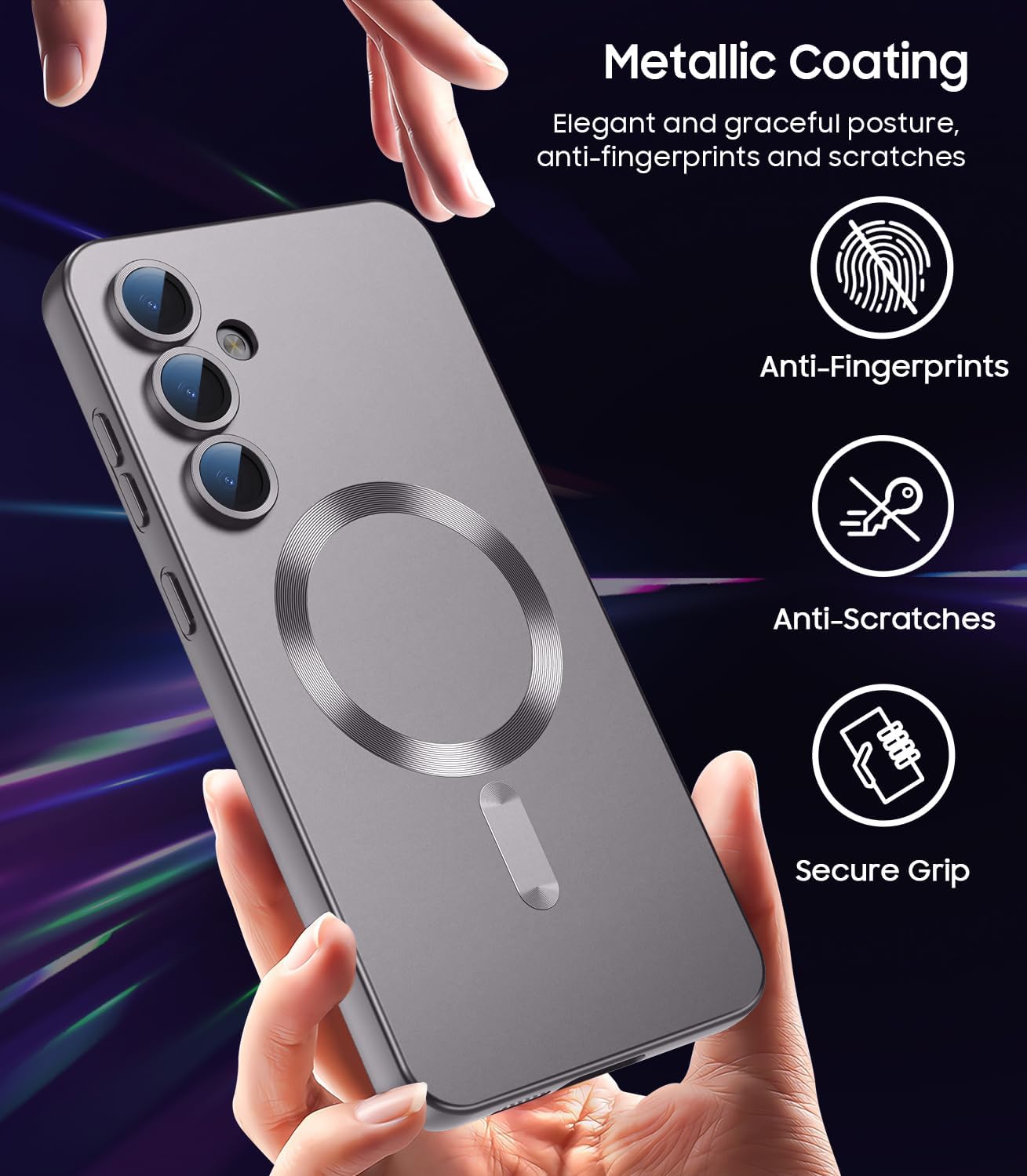 Magnetic for Samsung Galaxy S24 Plus Case [Compatible with MagSafe][Built-in Camera Lens Protector] Slim Soft Silicone Bumper Shockproof Metallic Luster Phone Case (Gray)