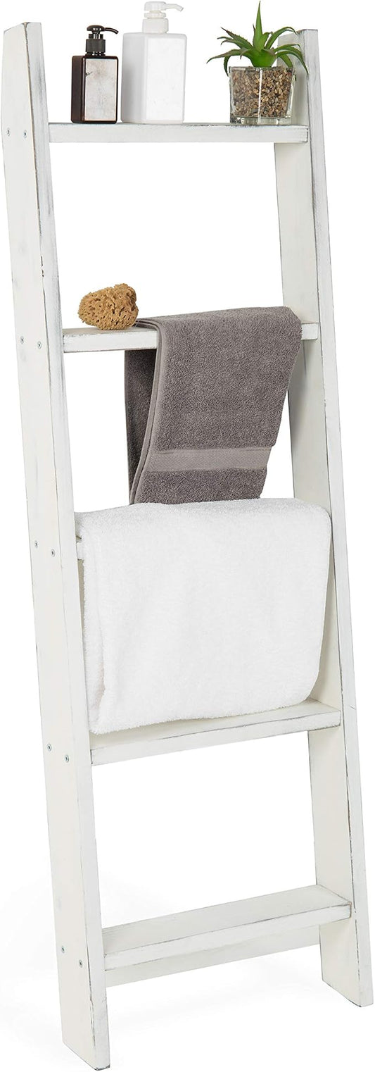 MyGift Large Whitewashed Wood Ladder Blanket Ladder, Farmhouse Style Wall Leaning Towel Rack with 5 Rungs (Vintage White)