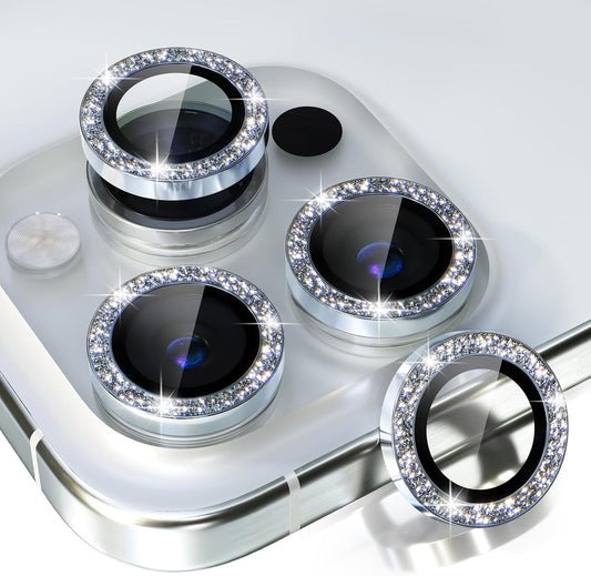 Choiche Compatible for iPhone 15 Pro/iPhone 15 Pro Max Camera Lens Protector Bling, 9H Tempered Glass Camera Cover Screen Protector Metal Ring Decoration Accessories (Glitter-Silver)