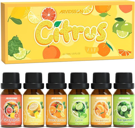 ARVIDSSON Citrus Essential Oils Set, Natural Fruit Essential Oil for Diffuser, Candle Making - Grapefruit, Bergamot, Sweet Orange, Lemon, Lime, Tangerine, Citrusy Scented Oils for Home
