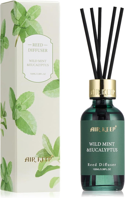 Airkeep Reed Diffuser Set, 3.38 fl oz (100 ml) - Wild Mint&Eucalyptus Oil Diffusers with 8 Reed Sticks, Home Fragrance Reed Diffuser for Bathroom Shelf Decor