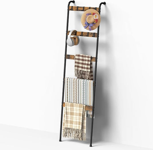 Blanket Ladder for Living Room Towel Ladder for Bathroom Decorative Quilt Rack for Home Decor 5-Tier Throw Blanket Holder with 10 Hooks, Rustic Brown and Black