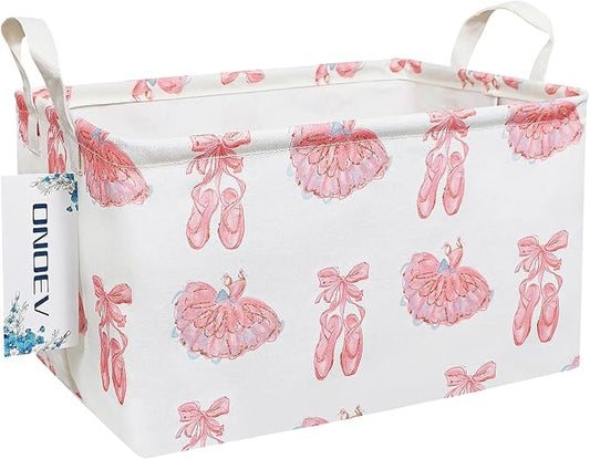 Rectangular Folding Laundry Basket,waterproof Canvas Basket,Gift Basket,Suitable for Children's Room,Office,Clothes,Toys Storage(Pink lace dance shoes)