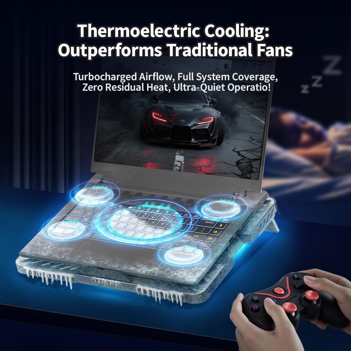Thermoelectric Laptop Cooling Stand with 5 Fans - Adjustable Height for Laptops up to 19", Compatible with MacBook, Alienware, ROG & Gaming Laptops