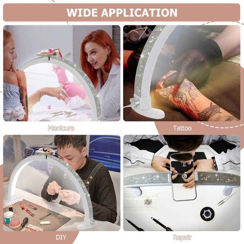 KMLSHLL Half Moon Light for Nail Desk with Phone Holder, Adjustable Brightness 2700K-6000K, 45W Rhinestones Arch Light for Nail Techs