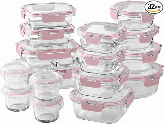 COOK WITH COLOR Premium 32-Pc. Borosilicate Glass Food Container Set with Dividers - 4 Rectangles, 8 Rounds, 4 Squares - Leakproof Lids - Meal Prep, Storage, Pink