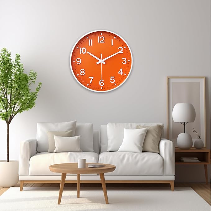 HZDHCLH Wall Clocks Battery Operated,Wall Clock Orange,12 inch Wall Clock Silent Non Ticking Modern 3D Numbers for Kitchen Bedroom Living Room Office Classroom Decor