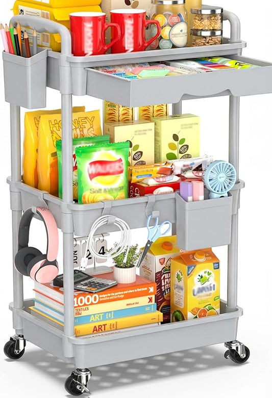 SUNALLY 3 Tier Rolling Cart with Drawer, Bathroom Storage Organizer with 2 Lockable Wheels, Multifunctional Rolling Storage Cart for Bathroom, Kitchen, Office, Craft, Makeup, Baby Essentials, Gray