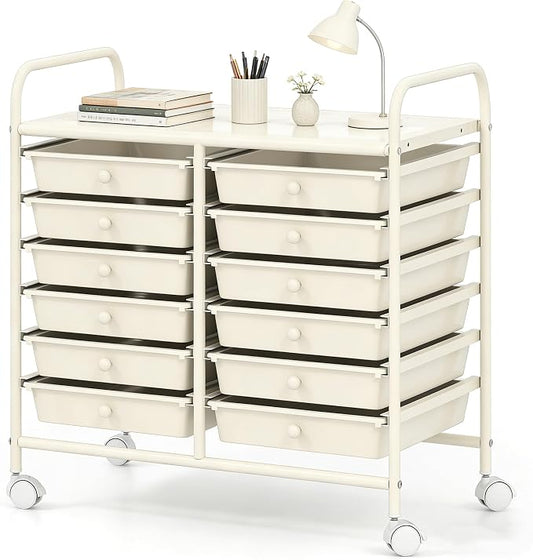 COSTWAY 12-Drawer Rolling Storage Cart, Utility Storage Organizer Cart for Tools, Scrapbook, Paper, Craft, Multipurpose Art Supply Organizer on Wheels for Home Office School, Teacher, Ivory White