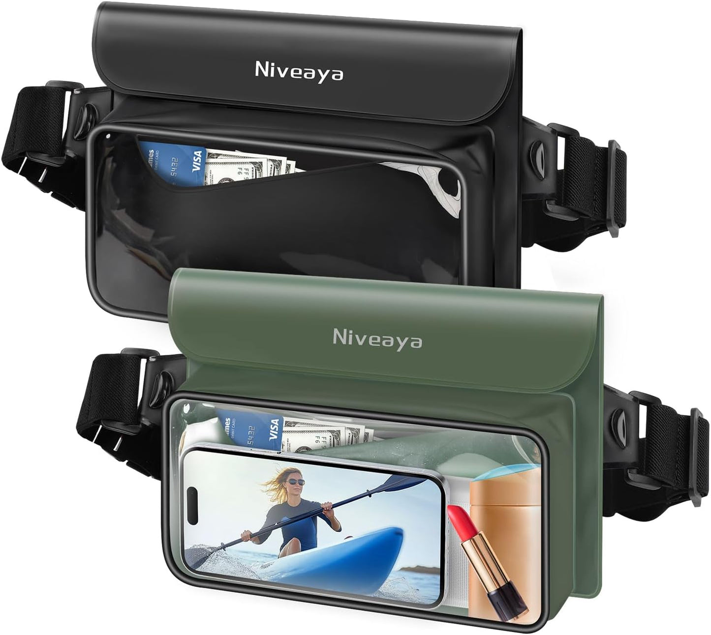 Niveaya IP68 Waterproof Fanny Pack - 2 Pack, Floating Dry Bag Pouch, Phone Waterproof Waist Pouch Dry Bag, Beach, Kayaking, Swimming, Boat Essentials, for iPhone 16/15/14/13/12 Pro Max up to 9.5""