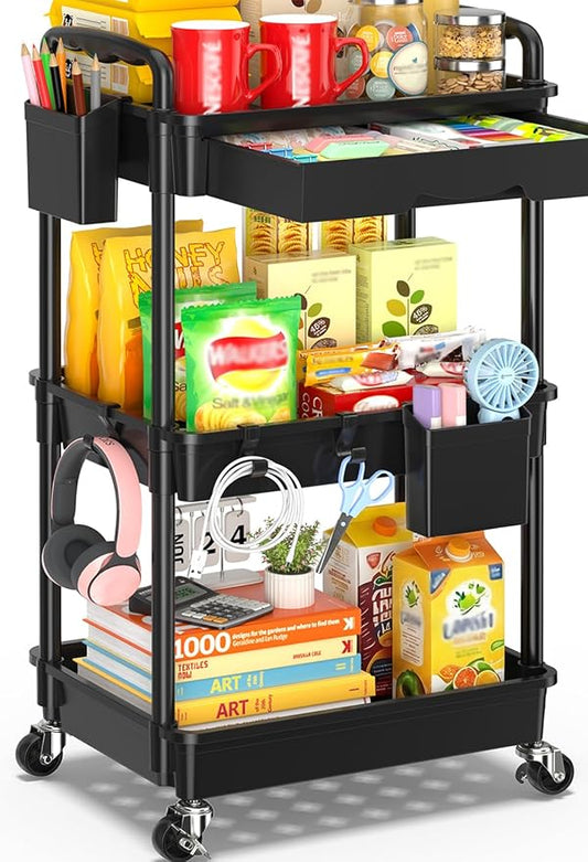 SUNALLY 3 Tier Rolling Cart with Drawer, Bathroom Storage Organizer with 2 Lockable Wheels, Multifunctional Rolling Storage Cart for Bathroom, Kitchen, Office, Craft, Makeup, Baby Essentials, Black