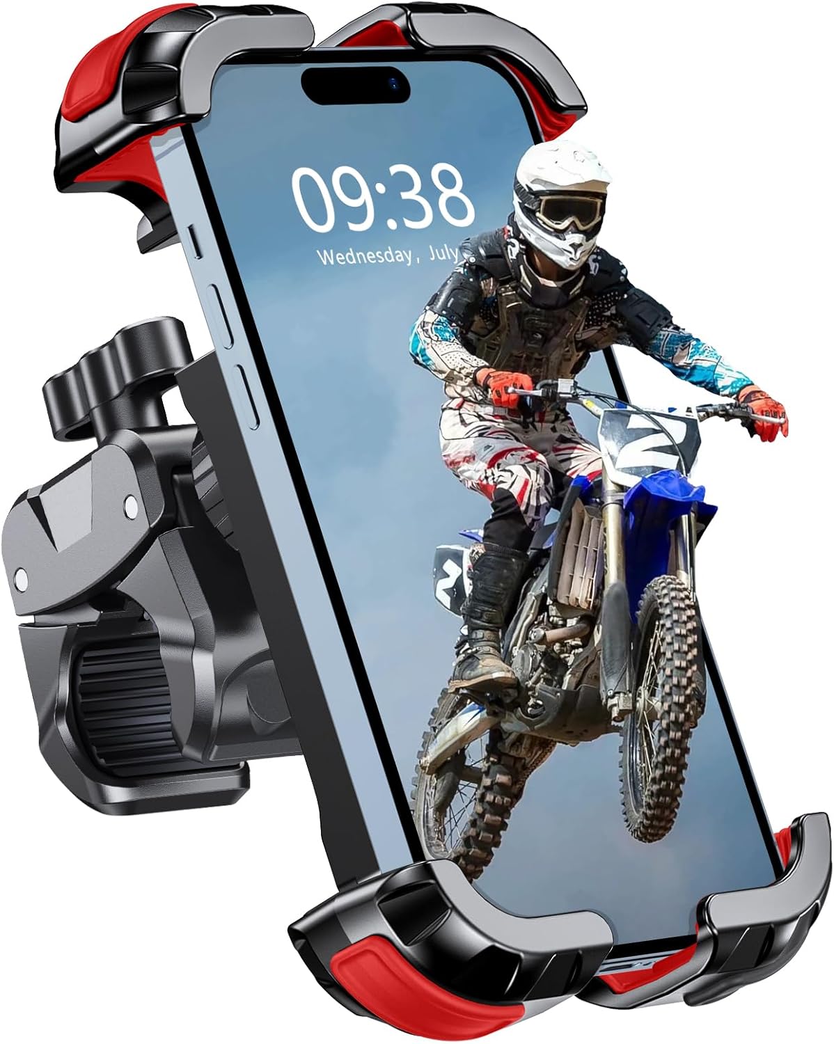 Motorcycle Phone Mount, Upgrade Bike Phone Mount [1s Lock][Secure Protection], 360° Rotatable Phone Holder for Mountain Bike/ATV/Scooter Handlebar, Compatible with iPhone/Samsung 4.7-6.7" (Red)"