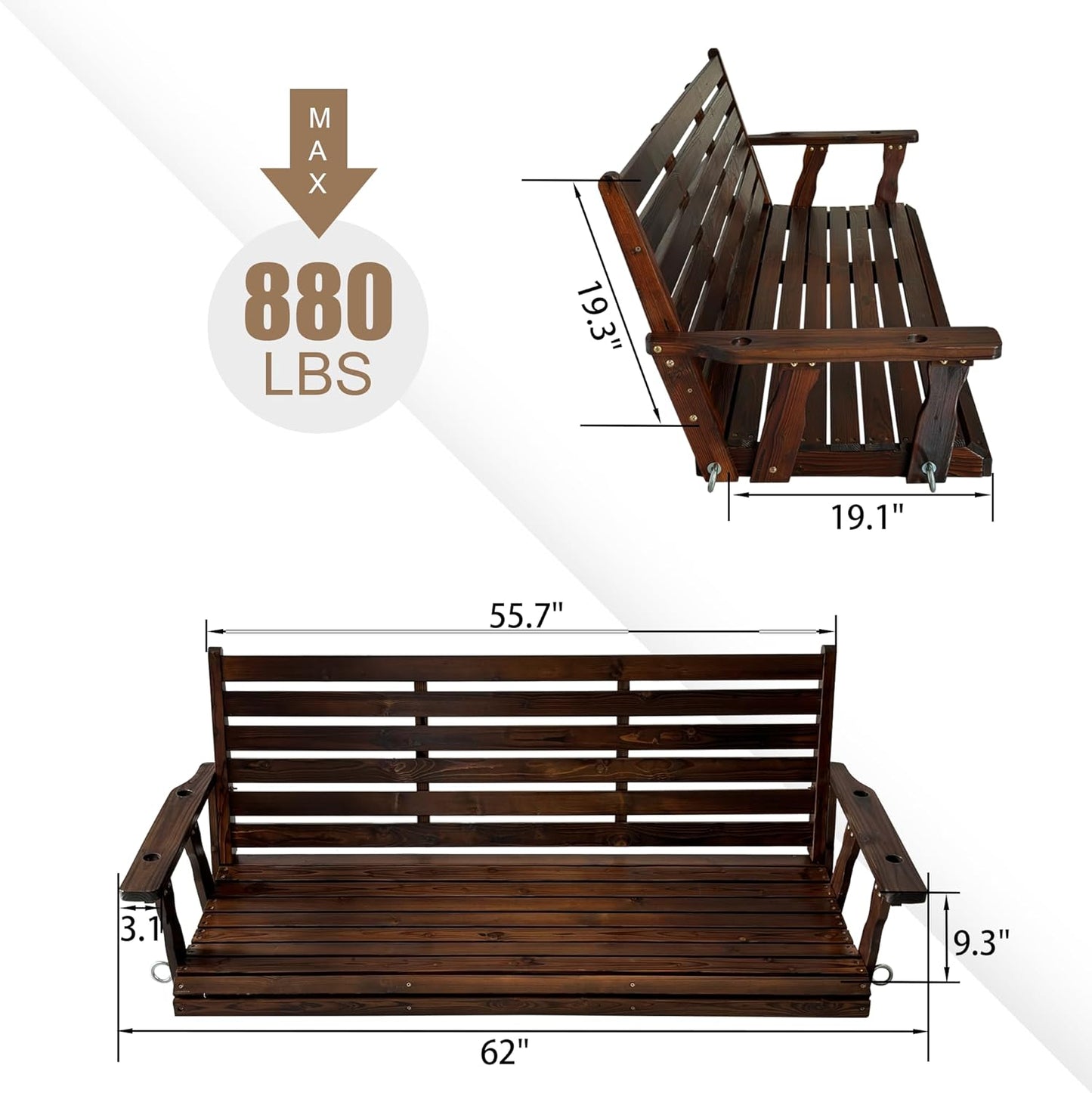 Wooden Porch Swing, Ergonomic Seat, Bench Swing with Hanging Chains and 7mm Springs, Heavy Duty 880 LBS, for Outdoor Patio Garden Yard (Deep Brown, 3-Seater Extra Large)