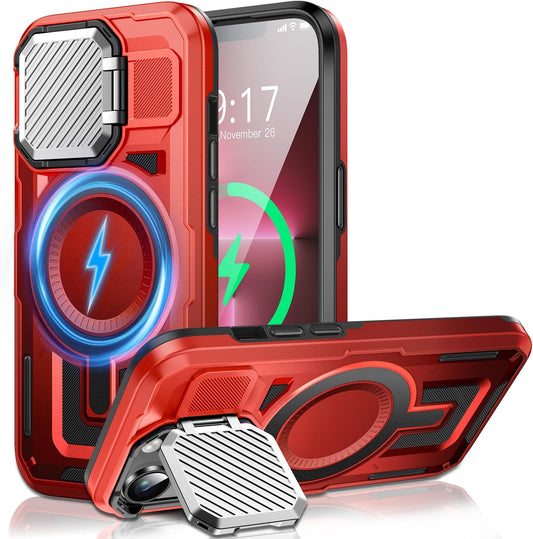 Camera Stand Case for iPhone 13 Pro Max, [Compatible with MagSafe] [Lens Cover] 2024 Version Military Grade Protective Soft Case for iPhone 13 Pro Max 6.7 inch Men Women, Red