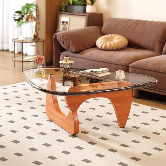Coffee Table for Living Room Mid Century Modern Center Small Table with Glass Top and Wood, Walnut Transparent(36 Inch)