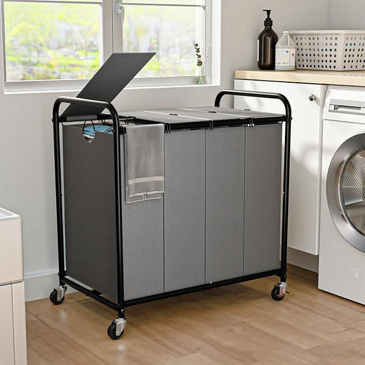 Laundry Sorter 4 Sections 48 Gal, Rolling Laundry Basket with Lockable Wheels and Lid, Laundry Hamper with 4 Separated Removable Bags Dirty Clothes Hamper for Laundry Room Organizer, Grey