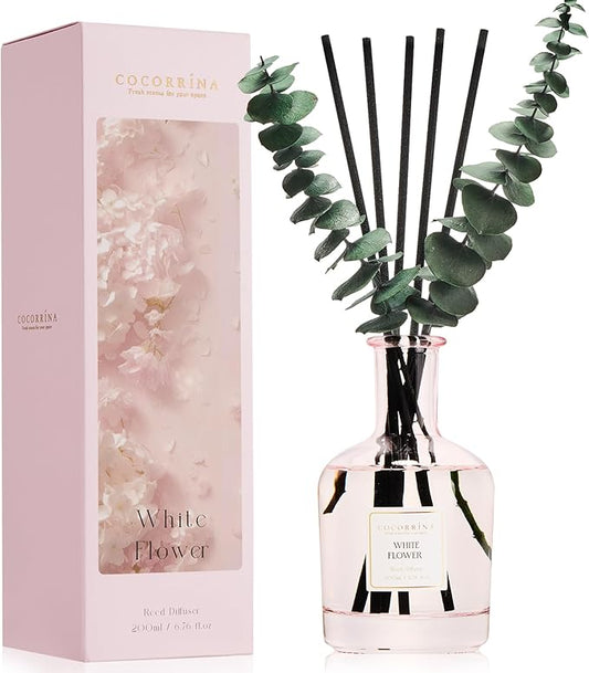 COCORRÍNA White Flower Reed Diffuser – 6.76 oz Essential Oil with 8 Reeds & Real Eucalyptus Sticks, Home Fragrance for Bedroom or Bathroom Décor